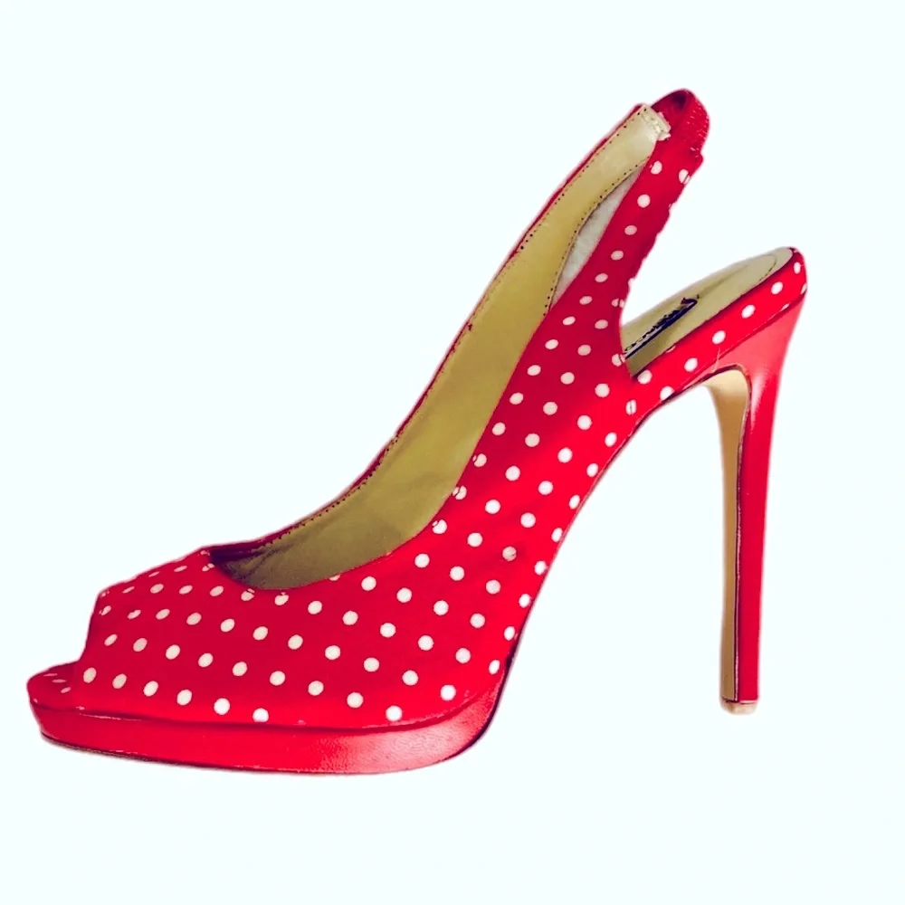 NWOT red polka dot stiletto Heels Peeptoe Slingbacks SIZE 7 AU - Picture 5 of 14